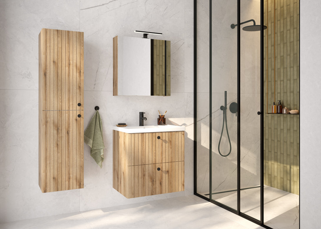 Hochschrank - für Badezimmer - Rietti C35 - Weiß Hochglanz - Eiche
