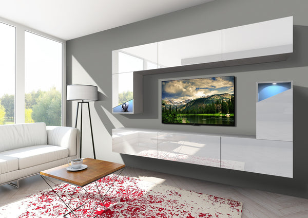Moderne Wohnwand Patio in Weiß Hochglanz -, (LUXUS Serie, 8-St., Komplett Set), Hochwertiges Material - Modernes Design - LED-Beleuchtung