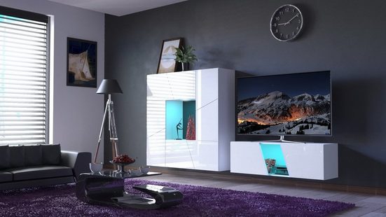 Wohnwand Weiß Hochglanz LED-Möbel S43 - Modernes Design mit stimmungsvoller Beleuchtung.