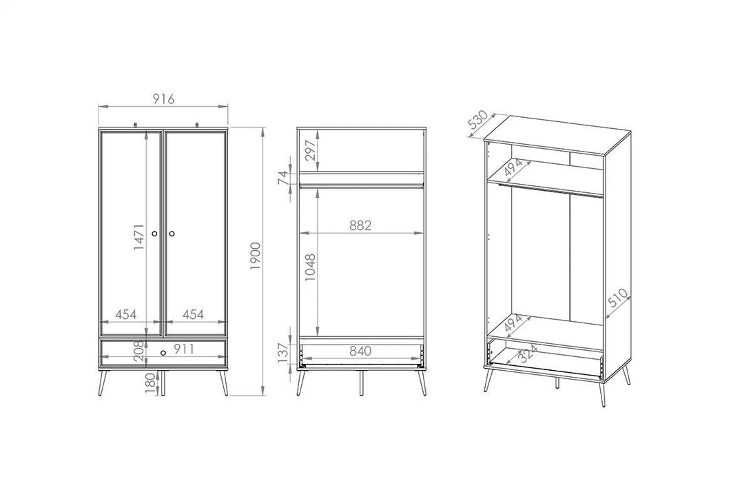 Kleiderschrank - Riomi - Kompakter für kleine Räume mit praktischen Fächern. - ROYAL24_MARKT